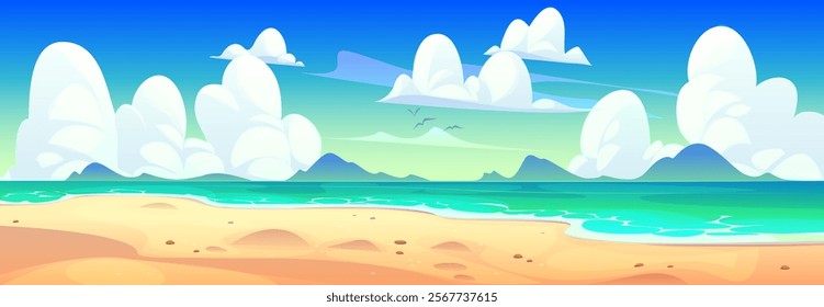 Cartoon beach seaside landscape of tropical island vector background. Summer beach nature landscape with cartoon sea water waves and sand shore under sunny blue sky with white clouds and seagulls