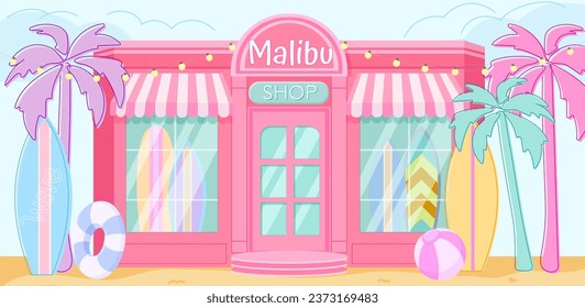 Cartoon Beach Shop front view. Pink barbiecore trendy cafe building. Girl Birthday backdrop. Malibu surf store background. Pink doll aesthetic. 