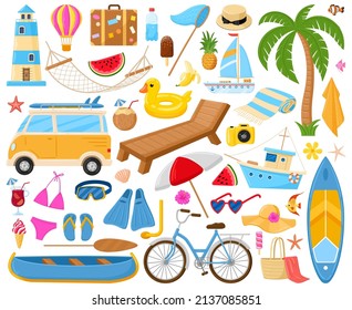 Cartoon beach, summertime symbols, cocktail, coconut, umbrella and slippers. Exotic fruits, boat and beacon vector illustration set. Snorkelling and diving elements. Beach summer cocktail