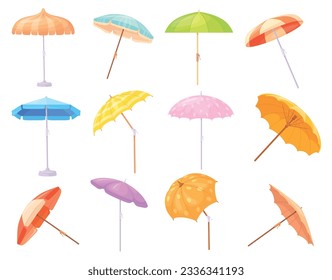 Cartoon beach sunshades. Striped sun umbrella and summer parasol for pool, garden or sea summertime tourism, sunlight protect, red umbrellas neat vector illustration of sunshade parasol for protective