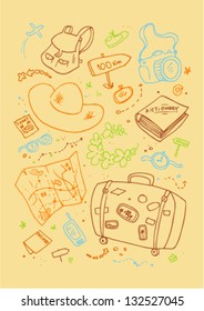 Cartoon beach symbols, hand drawn design template.