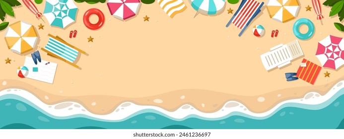 Cartoon beach top view. Summer sea landscape with sand and umbrellas, ocean water and sun, vacation and relaxation. Vector background. Coast with chaises, rubber rings and accessories