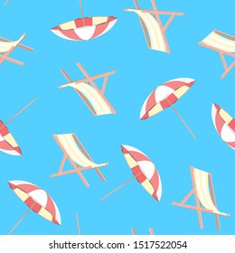Cartoon Beach Travel Resort Umbrella and Chair Concept Seamless Pattern Background Element Flat Design Style. Vector illustration