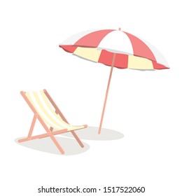 Cartoon Beach Travel Resort Umbrella and Chair Concept Isolated on a White Background Element Flat Design Style. Vector illustration