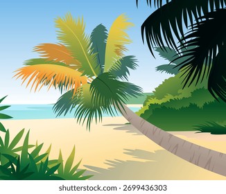 Cartoon Beach Trees Background, Sea Beach Background Vector, Tress, Green Nature, Vector Background