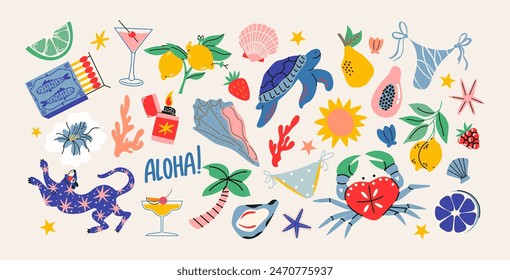 Pegatinas tropicales de playa de dibujos animados. Elementos de la costa, animales, frutas, comida, bebidas, palmeras. Juego de parches estético minimalista imprimible de moda y elegante doodle