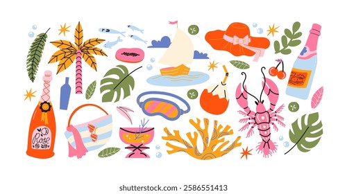 Cartoon beach tropical stickers.Coast elements, animals, fruits, food, drinks, palm trees. Trendy groovy doodle aesthetic minimalist printable patch set	
