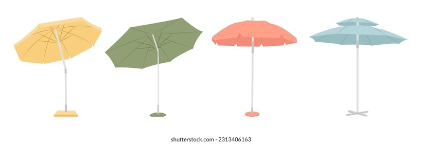 Cartoon beach umbrella. Sun protective outdoor large parasols with stripes, summer sunshade isolated vector illustration set. Colorful equipment for relaxation on seaside, vacation concept.