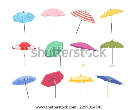 Cartoon beach umbrella. Sun protective outdoor large parasols with stripes, summer sunshade isolated vector illustration set. Colorful equipment for relaxation on seaside, vacation concept