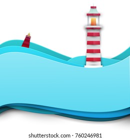 Cartoon beacon with buoy in paper cut trendy craft style. Modern minimalistic design for advertising, branding greeting card, cover, poster, banner. Vector illustration.