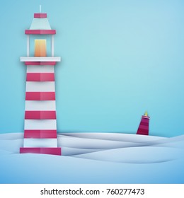 Cartoon beacon with buoy in paper cut trendy craft style. Modern minimalistic design for advertising, branding greeting card, cover, poster, banner. Vector illustration.