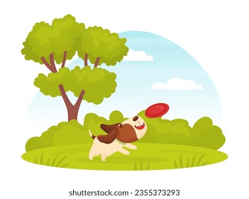 Cartoon Beagle Dog Character Play Frisbee on Green Lawn Vector Illustration