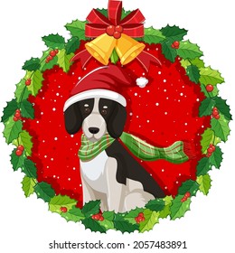 Cartoon beagle dog in Christmas wreath isolated illustration