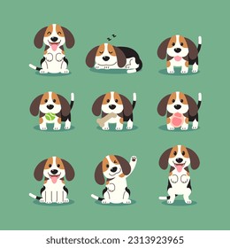 Cartoon beagle puppies in various poses, Set of cute pet drawings.