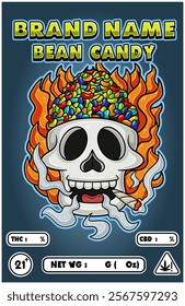 Cartoon Bean Candy on Skull Head Smoking And Burning Fire Backgrounds. For Product Packaging Cover. Vectors Illustrations