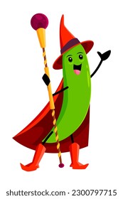 Cartoon bean or green pea pod wizard and sorcerer character. Isolated vector funny mage vegetable personage in Halloween costume with magic staff for casting sorcery spell. Healthy fresh food wiz