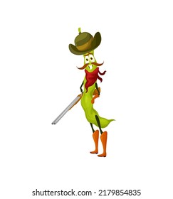 Cartoon Beans Cowboy Or Ranger With A Gun, Wild West Vegetable Character. Funny Vector Armed Robber Green Peas Pod With Riffle Wear Hat, Bandana, Belt And Boots. Texas Hero, Food Western Personage