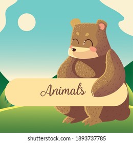 cartoon bear with animals text sitting in the grass vector illustration