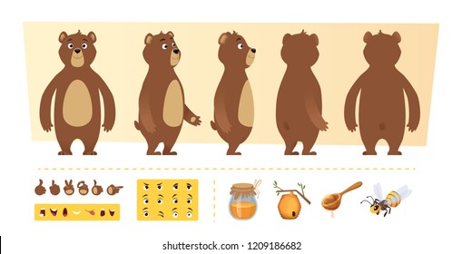 Cartoon bear animation. Cute wild animal body parts and nature items honey trees vector character creation kit. Illustration of animal bear, wild grizzly and sweet