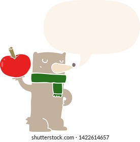cartoon bear with apple with speech bubble in retro style