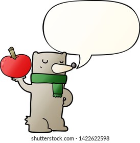 cartoon bear with apple with speech bubble in smooth gradient style