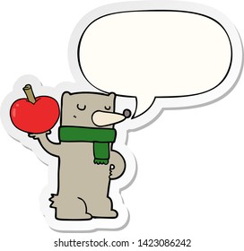 cartoon bear with apple with speech bubble sticker
