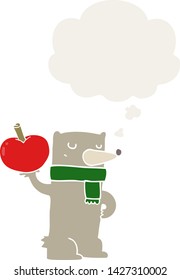 cartoon bear with apple with thought bubble in retro style
