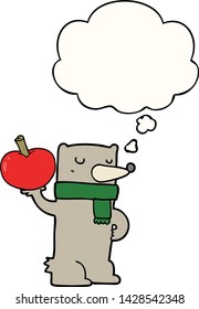 oso de caricatura con manzana con burbuja de pensamiento