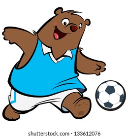 Cartoon bear with athletic suit kicking playing football