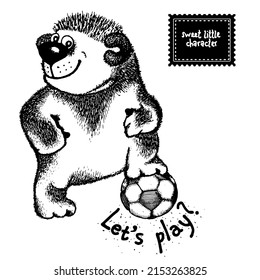 Cartoon  bear with a ball expressing emotion happyness, cartoon illustration. Sticker.