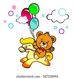 Cartoon Bear with balloons rides pony