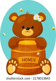 Cartoon bear with barrel of honey and bees. Cute teddy bear with honey. Perfect for baby products