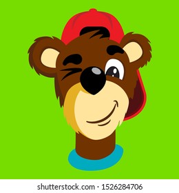Cartoon Bear in baseball cap blink character portrait