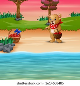 Cartoon bear with a basket of red heart in the beach