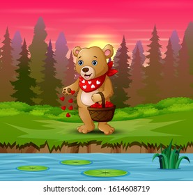 Cartoon bear with a basket of red heart on riverside