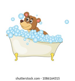 Cartoon bear in bathtub witth bubbles isolated on white background
