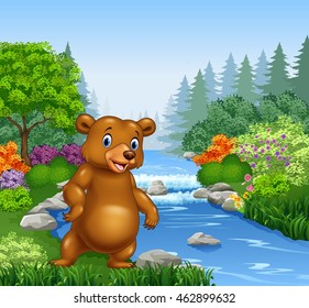 Cartoon bear in Beautiful river in forest