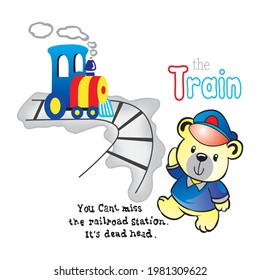 cartoon bear being a machinist and managing a passing train