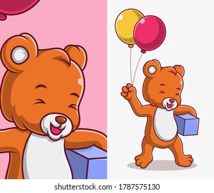 cartoon bear brings balloons and gift presents