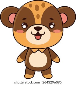 A cartoon bear with brown fur and tan accents, standing upright with a cheerful expression, pink cheeks, and a light tan belly.