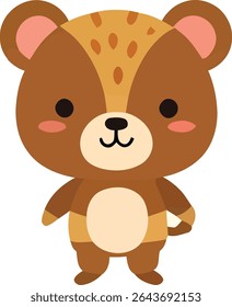 A cartoon bear with brown fur, tan accents, and a cream-colored belly stands upright. It has round ears, black eyes, and a cute, simple facial expression.