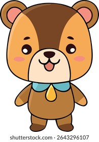 A cartoon bear with a brown head, tan face, and body. It has a blue bowtie with a golden teardrop pendant and a happy expression.