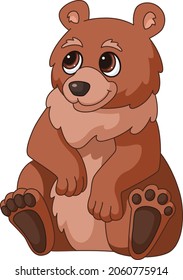 Cartoon bear. Brown sitting forest grizzly, smiling cute wild bears character