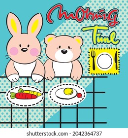 cartoon bear and bunny are preparing to have lunch together vector illustration