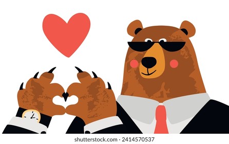 Cartoon Bear businessman in an office suit.Funny character with glasses, tie and watch, shows a heart gesture.Romantic card with cool animal isolated on white background.Vector flat illustration.