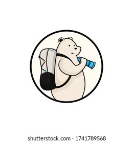 cartoon bear is camping carrying a backpack and a flashlight