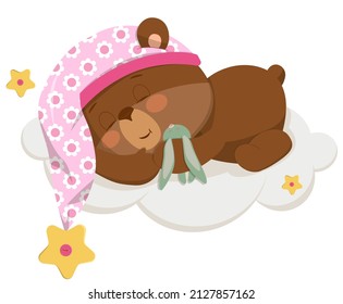 A cartoon bear in a cap with flowers and an asterisk on the tip is sleeping on a cloud.