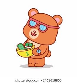 Cartoon bear is carrying a lot of money with a neat appearance Vector Illustration , Animals Finance.