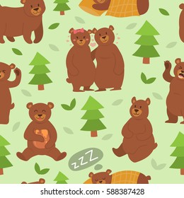 Cartoon bear character different pose vector seamless pattern