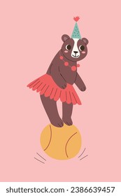 Cartoon bear character on ball in costume - card